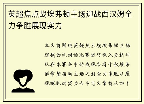 英超焦点战埃弗顿主场迎战西汉姆全力争胜展现实力
